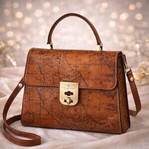 Patricia Nash Chauny Riot Rust Map Print Leather Crossbody Handbag Top Handle e